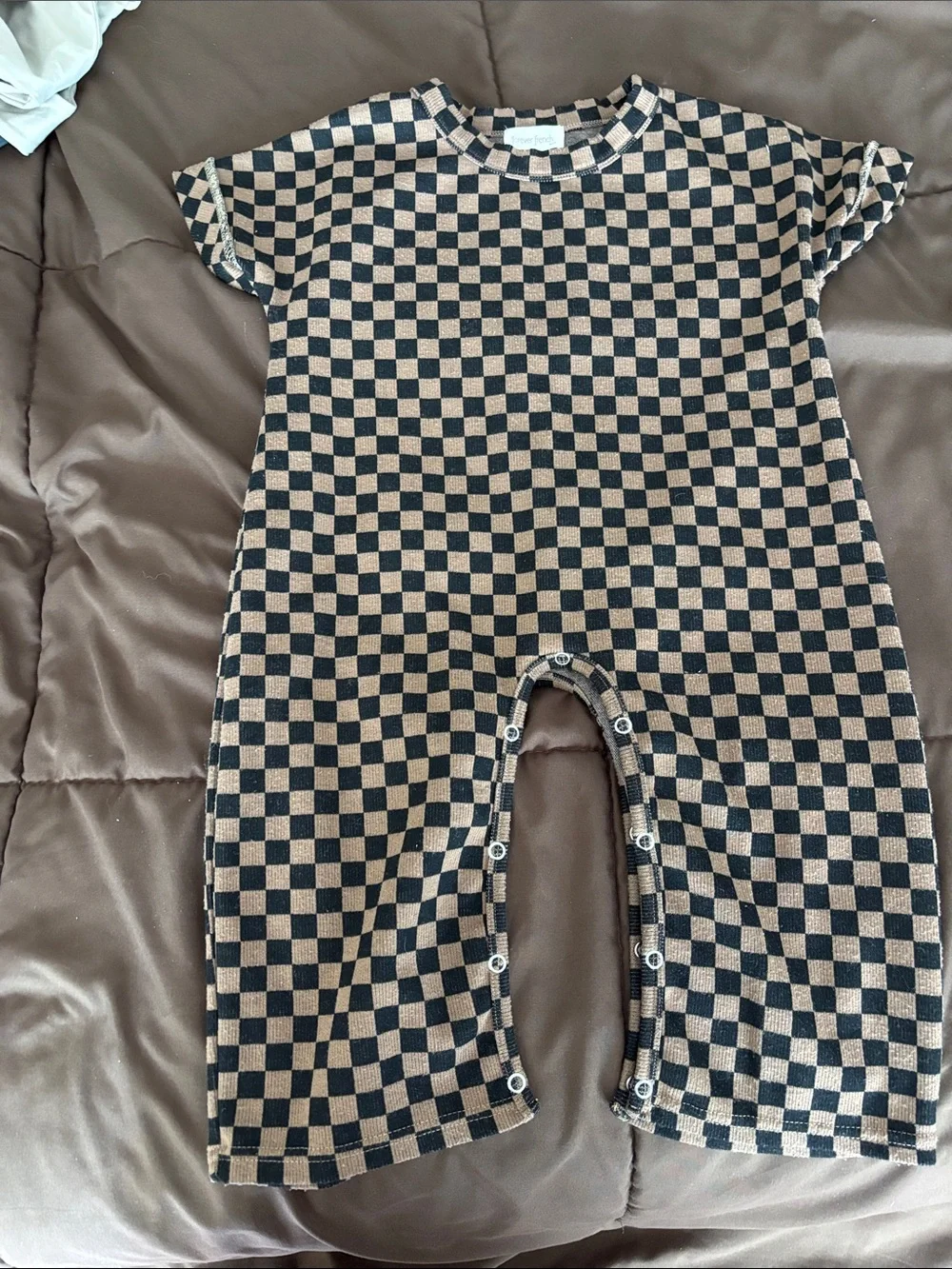 Checkerboard Short-Sleeve Baby One-Piece in Brown and Black